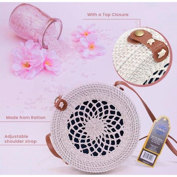 9” NAVY Lined WHITE‎ Round Rattan Bag for Women Beach Crossbody Shoulder Bag NWT - Picture 13 of 16